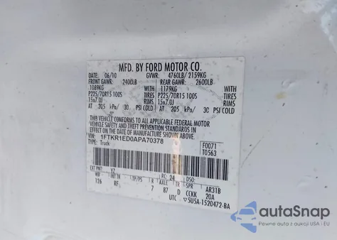 2010 Ford Ranger Xl/Xlt из США, поврежденный, VIN 1FTKR1ED0APA70378